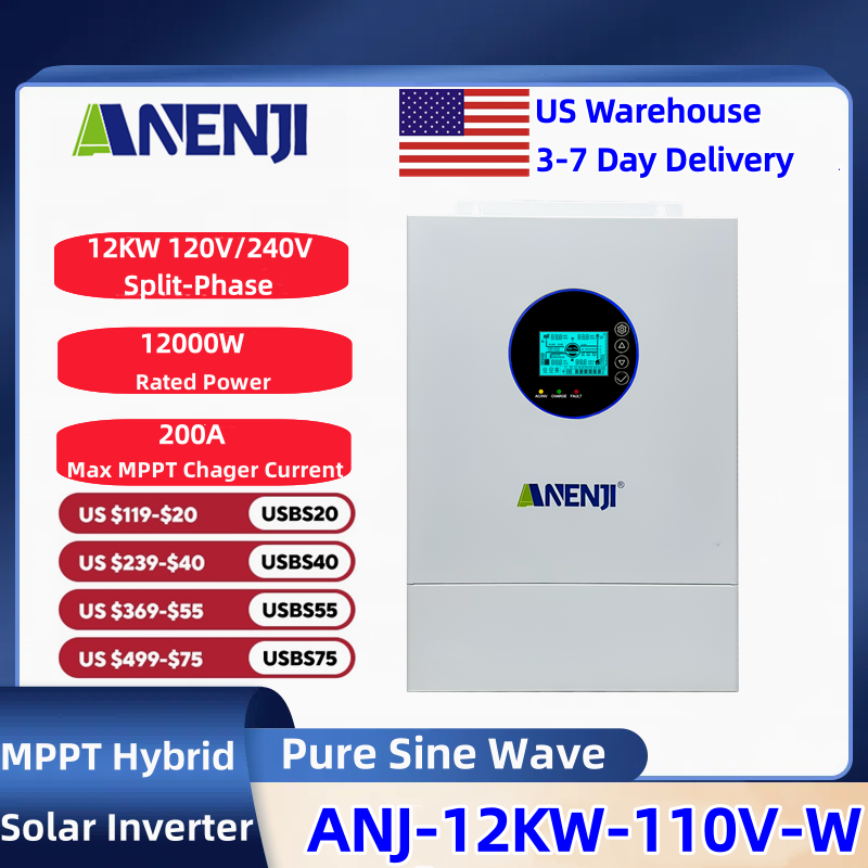 Pure Sine Wave Inverter - ANENJI Bölünmüş Fazlı 120V/240V 12KW Hibrit
